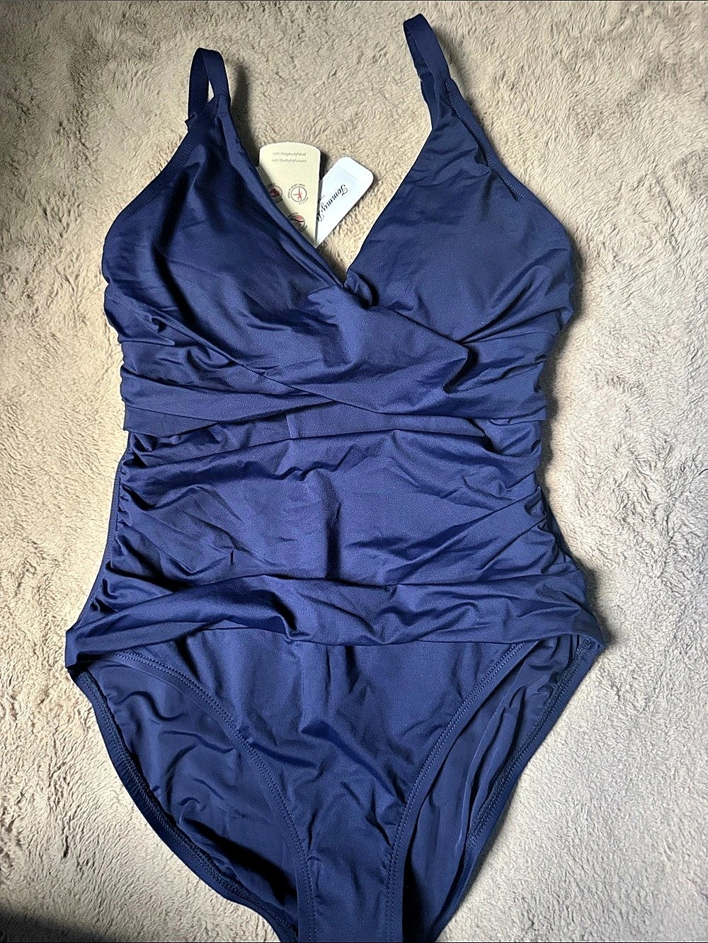 Tommy Bahama Pearls OTS Cross Front Ruched One Piece in Blue Size 6 NWT